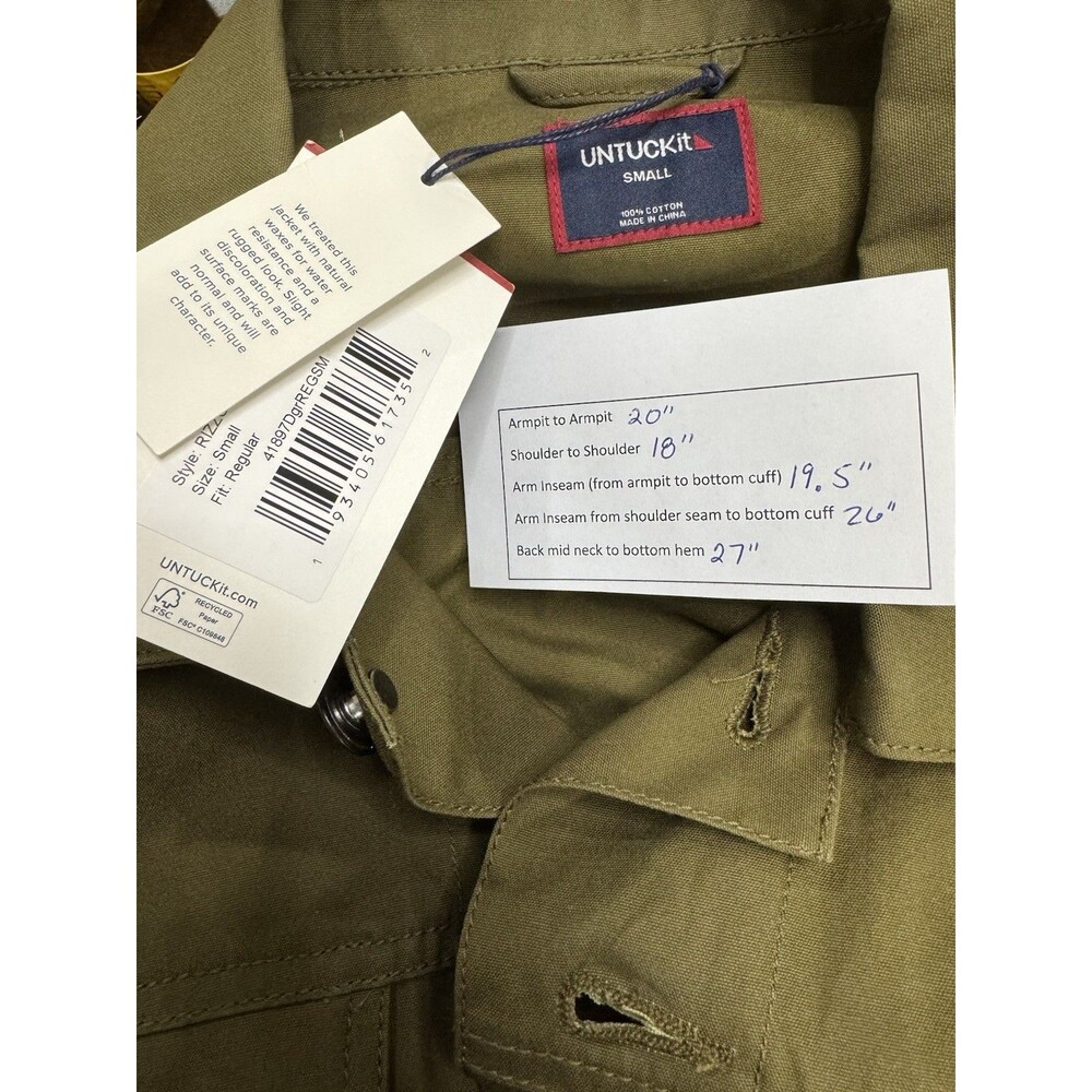 UNTUCKIT Men's Small Olive Green Rizzo Waxed Lightweight Utility Jacket New Tags - Picture 7 of 7
